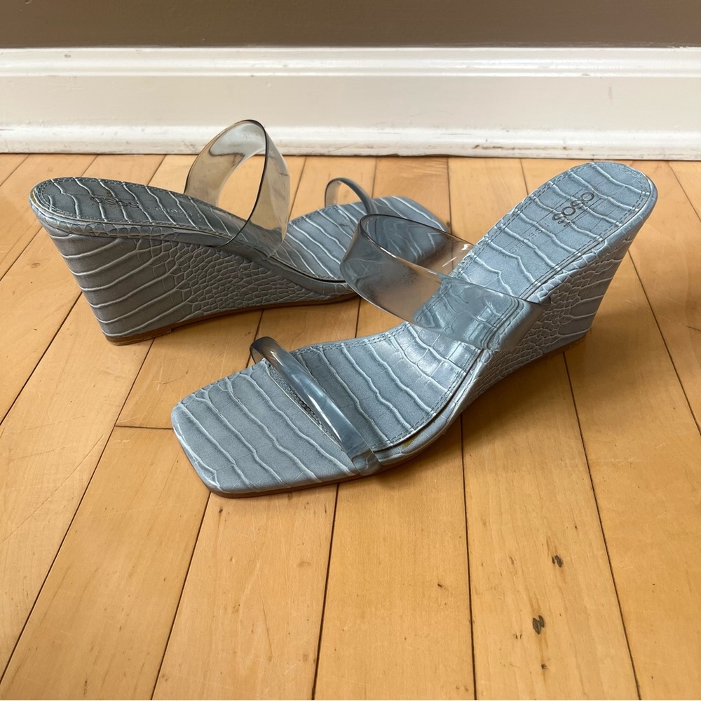 ASOS Blue Snakeskin Wedge Sandals Clear Straps Size US 10 (UK 8) Slip On
